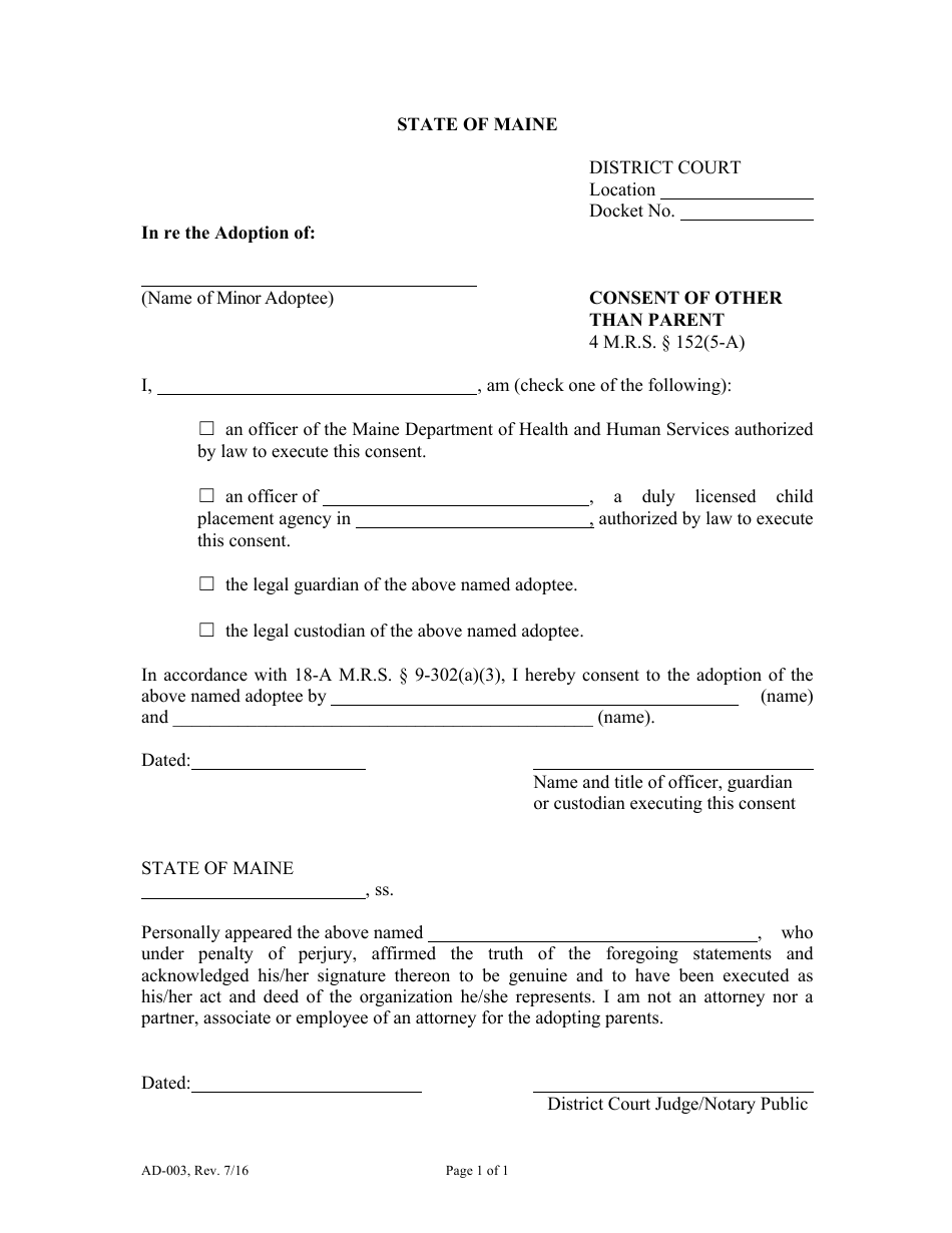Form AD-003 Consent of Other Than Parent - Maine, Page 1