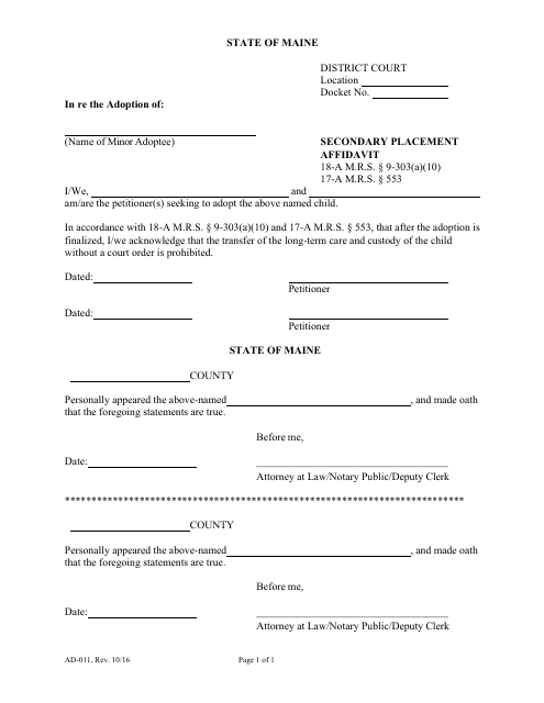 Form AD-011 Secondary Placement Affidavit - Maine