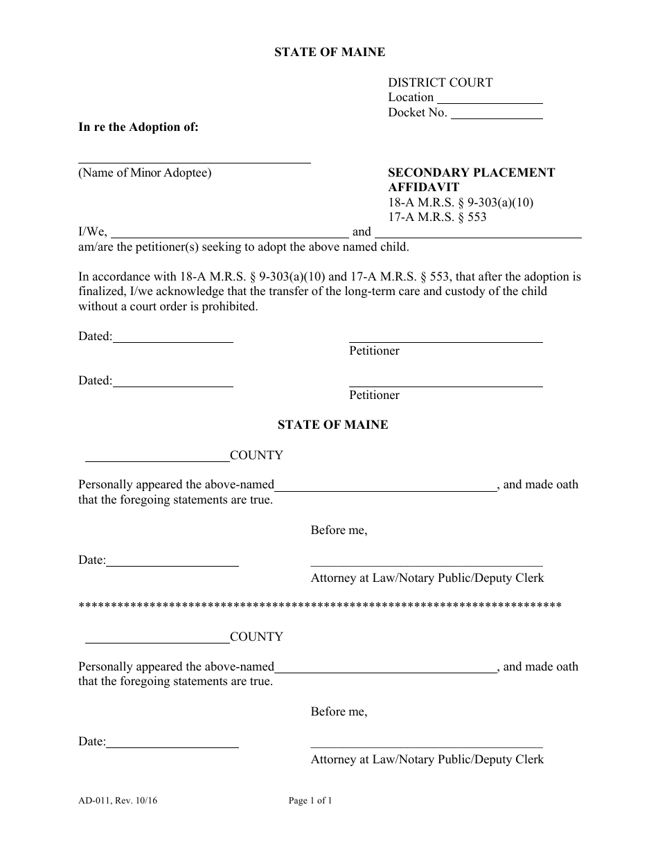 Form AD-011 Secondary Placement Affidavit - Maine, Page 1
