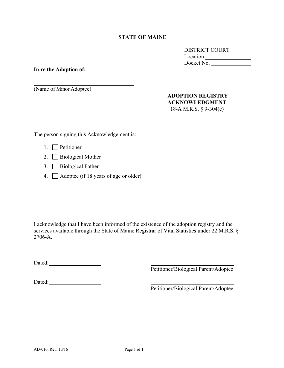 Form AD-010 Adoption Registry Acknowledgment - Maine, Page 1