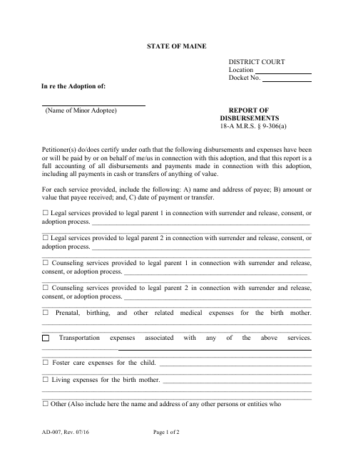 Form AD-007 Report of Disbursements - Maine