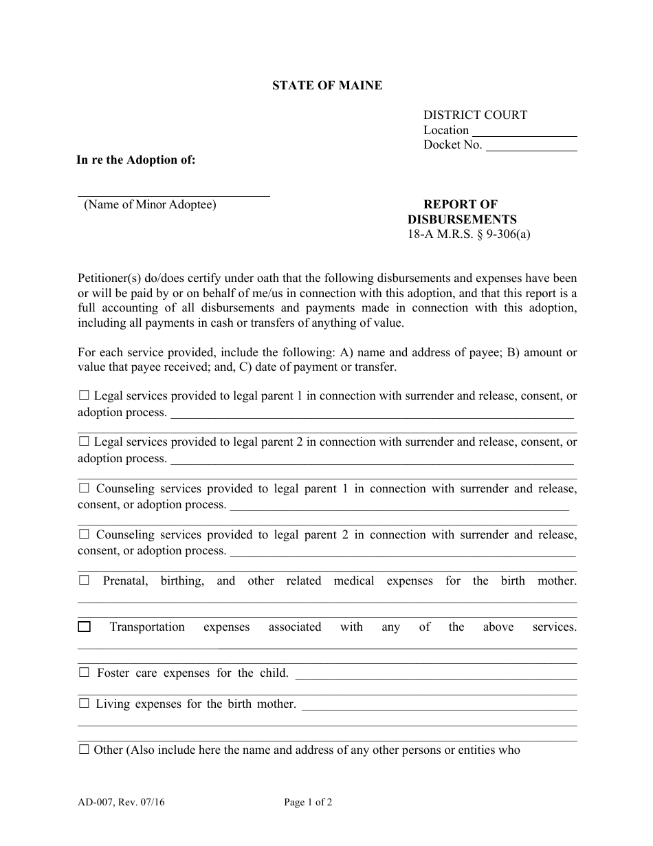 Form AD-007 Report of Disbursements - Maine, Page 1