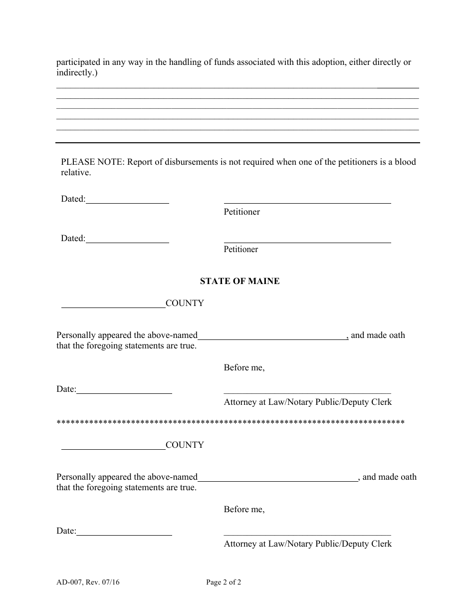 Form AD-007 Report of Disbursements - Maine, Page 2