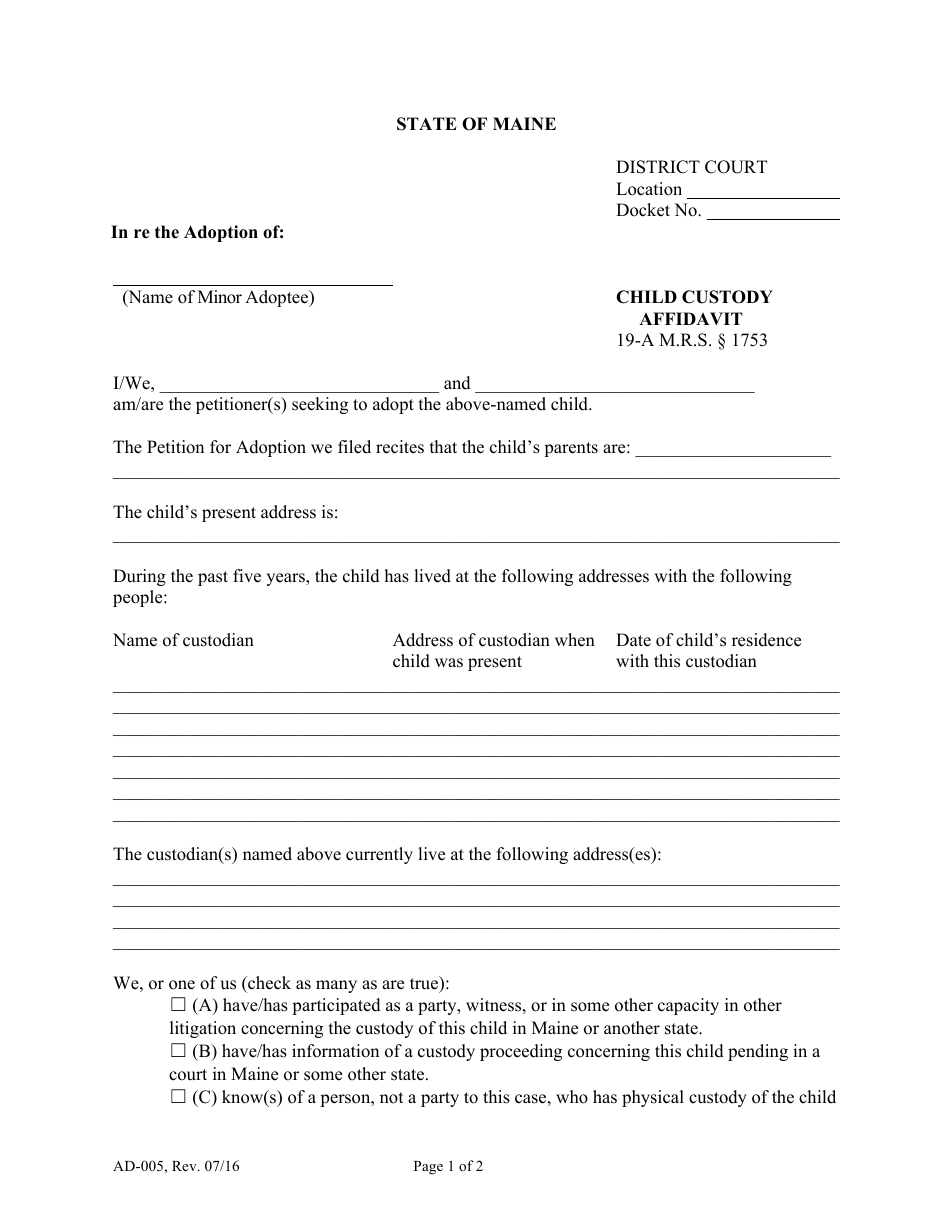 Form AD-005 Child Custody Affidavit - Maine, Page 1