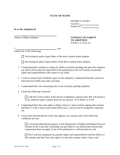 Form AD-013 Consent of Parent to Adoption - Maine