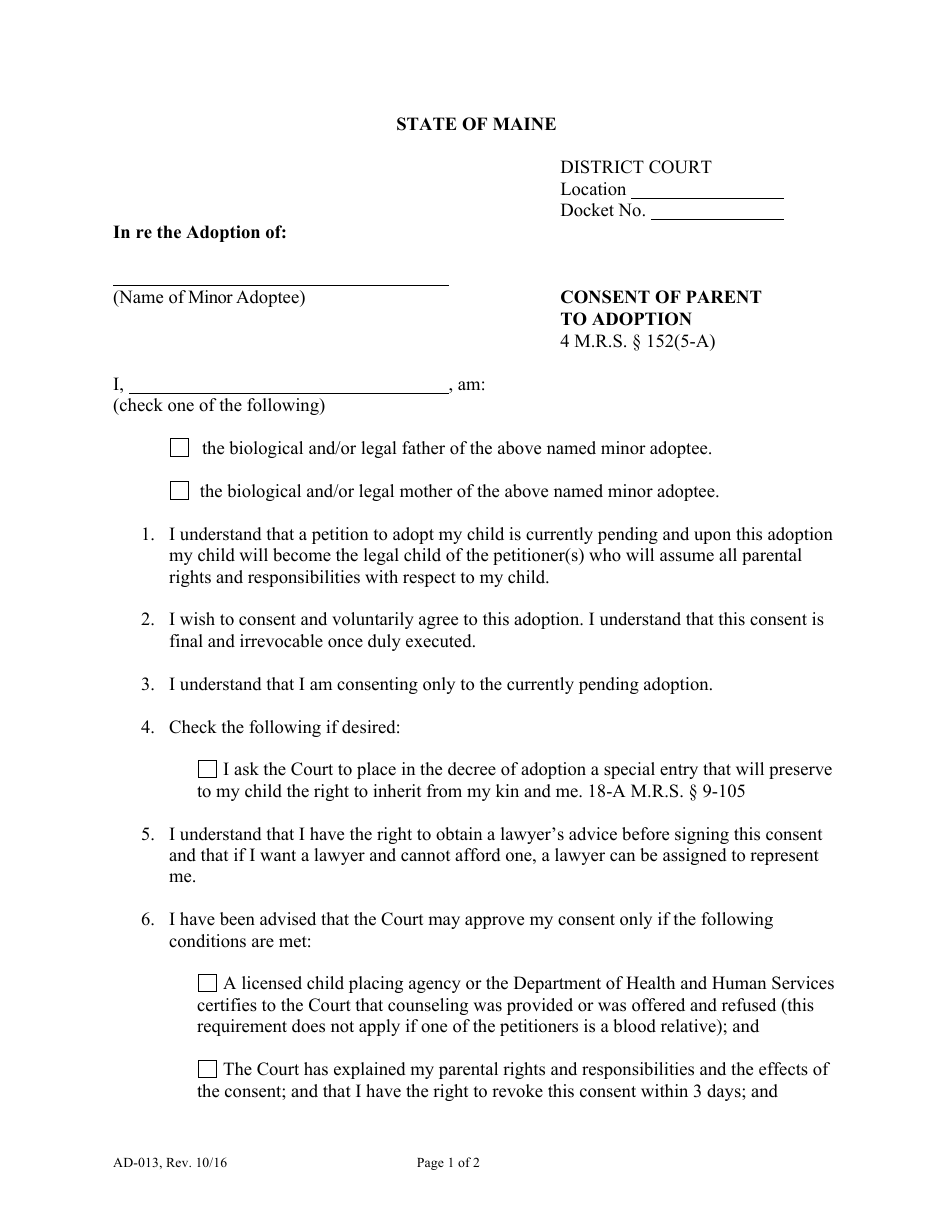 Form AD-013 Consent of Parent to Adoption - Maine, Page 1