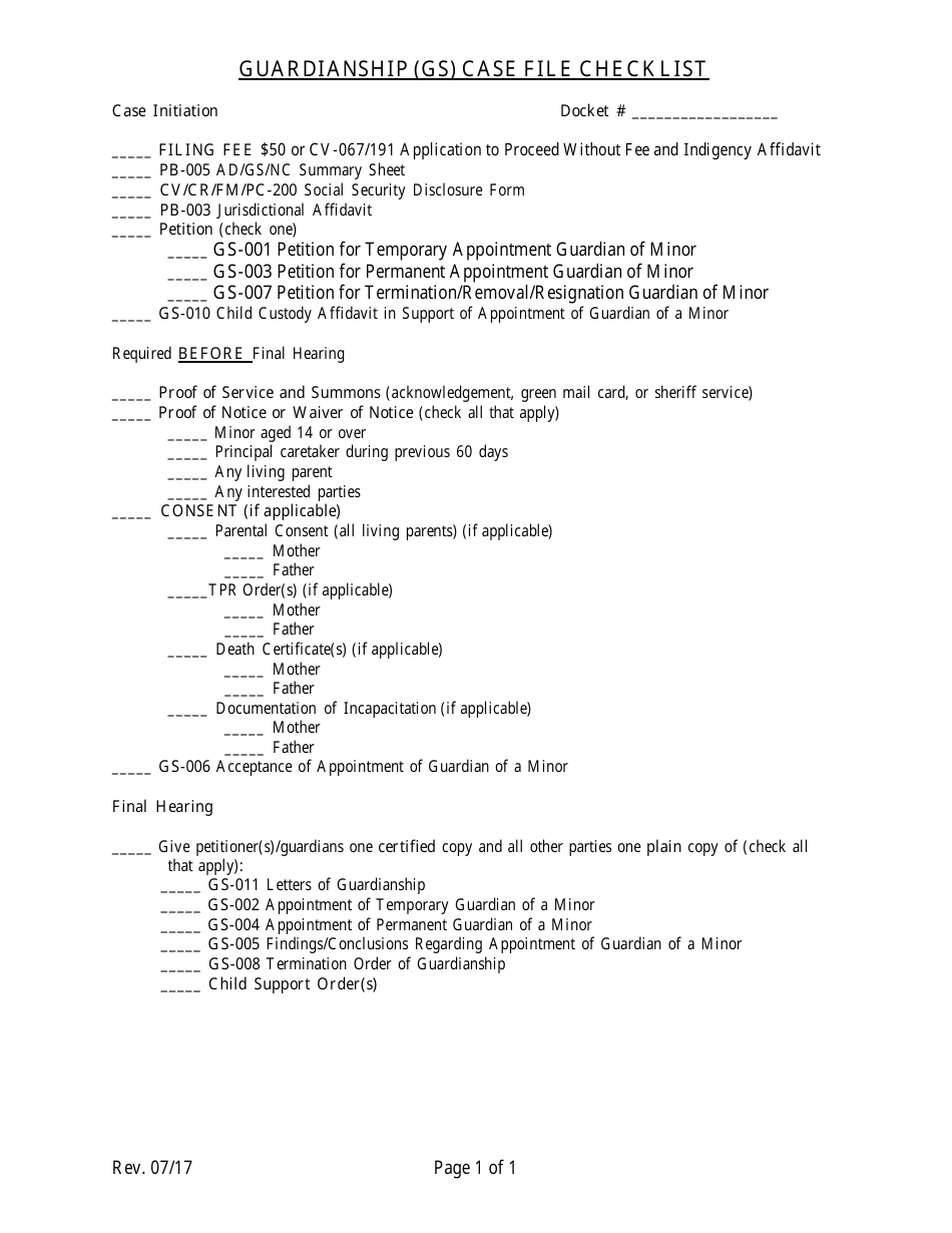 Guardianship (Gs) Case File Checklist - Maine, Page 1