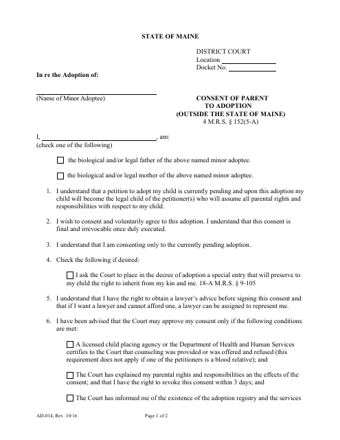 Form AD-014 Consent of Parent to Adoption (Outside the State of Maine) - Maine