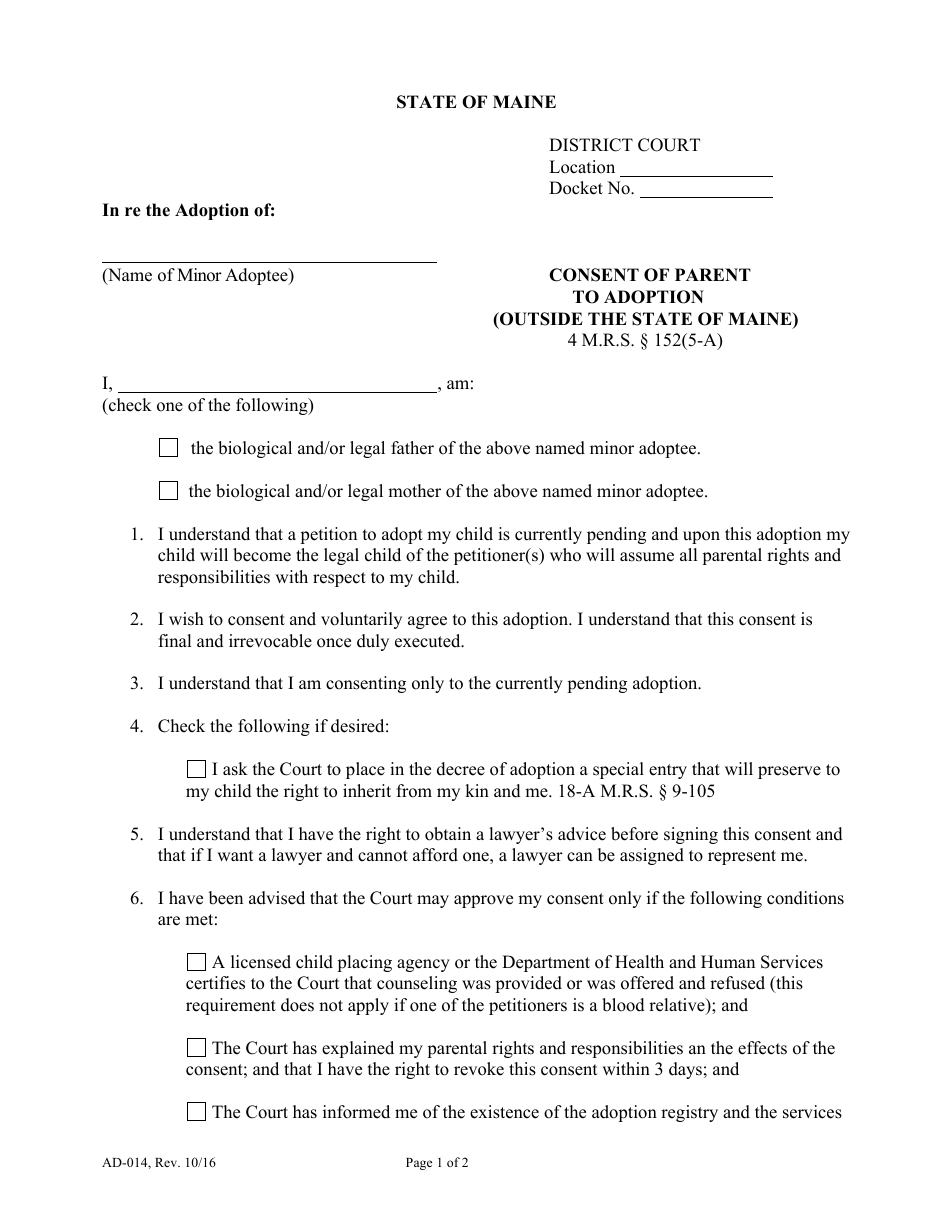 Form AD-014 Consent of Parent to Adoption (Outside the State of Maine) - Maine, Page 1