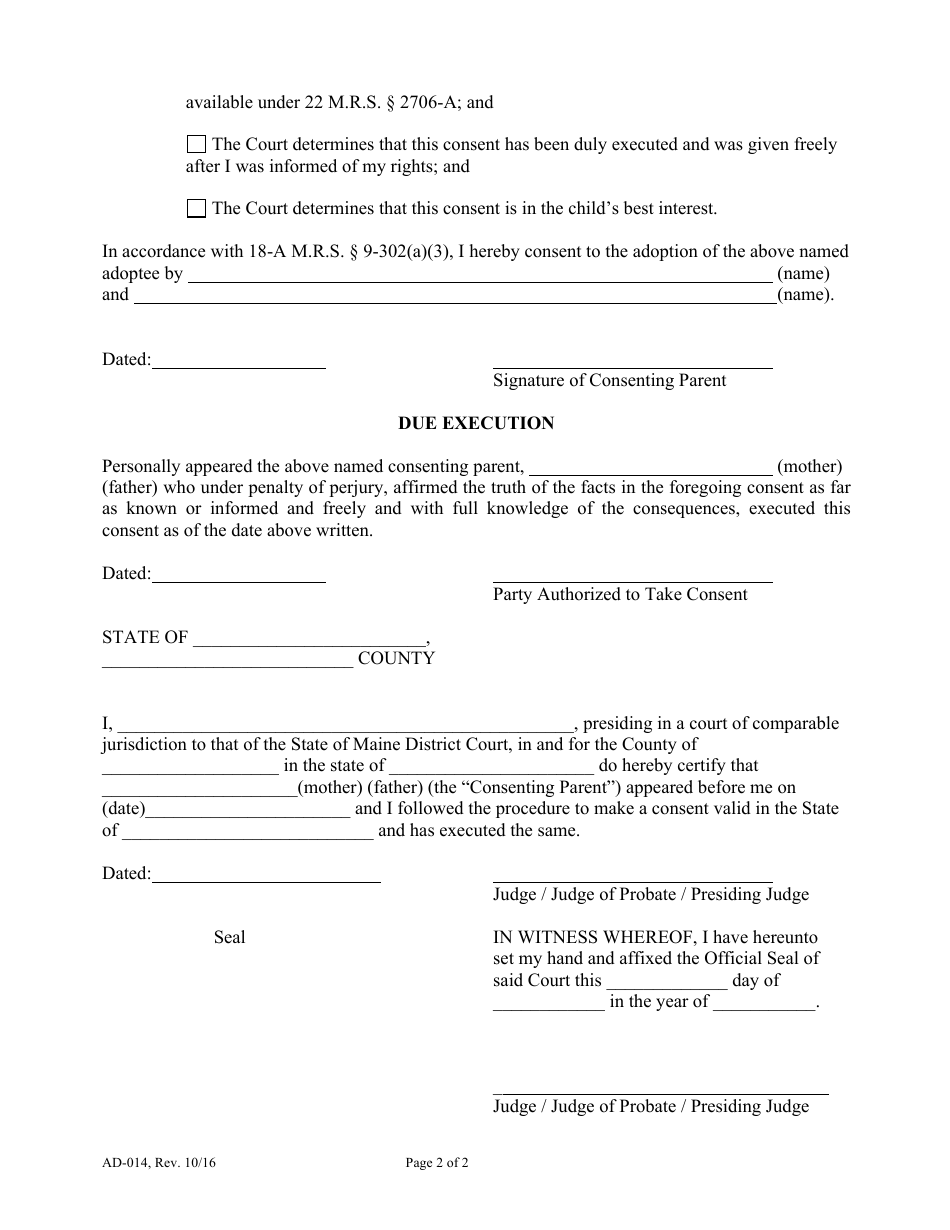 Form AD-014 Consent of Parent to Adoption (Outside the State of Maine) - Maine, Page 2