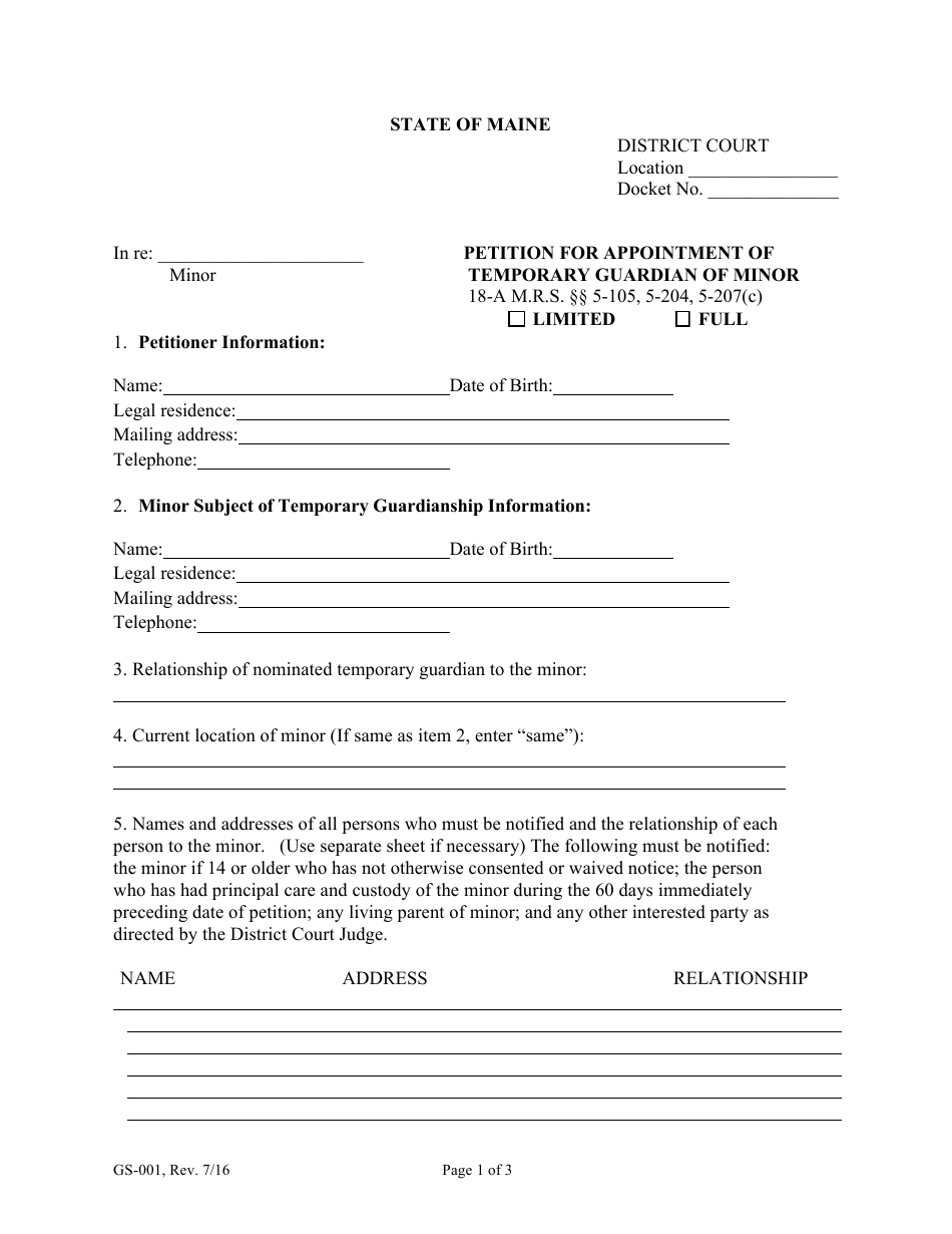 Form GS-001 Petition for Appointment of Temporary Guardian of Minor - Maine, Page 1