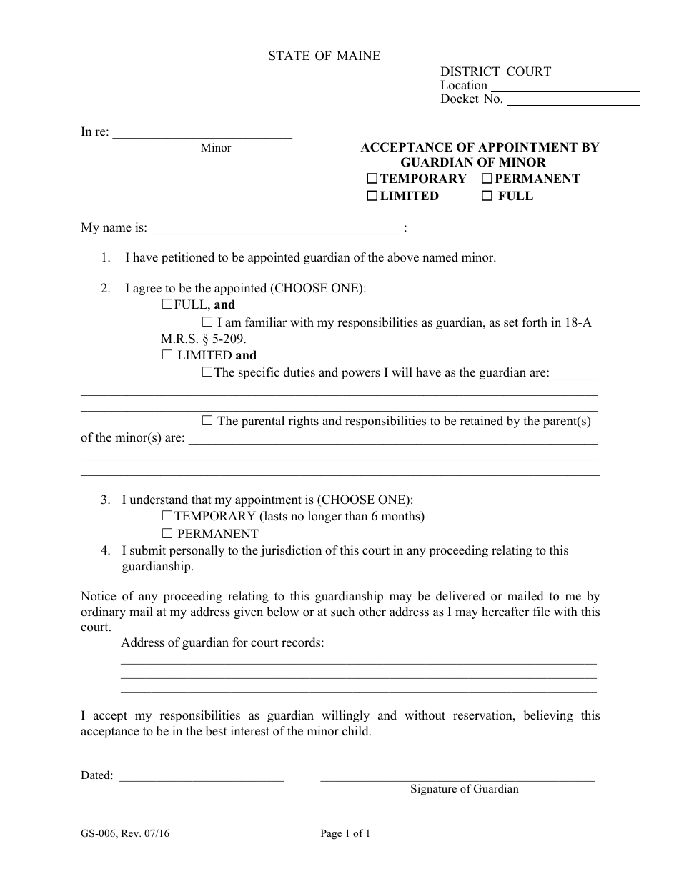 Form GS-006 Acceptance of Appointment by Guardian of Minor - Maine, Page 1