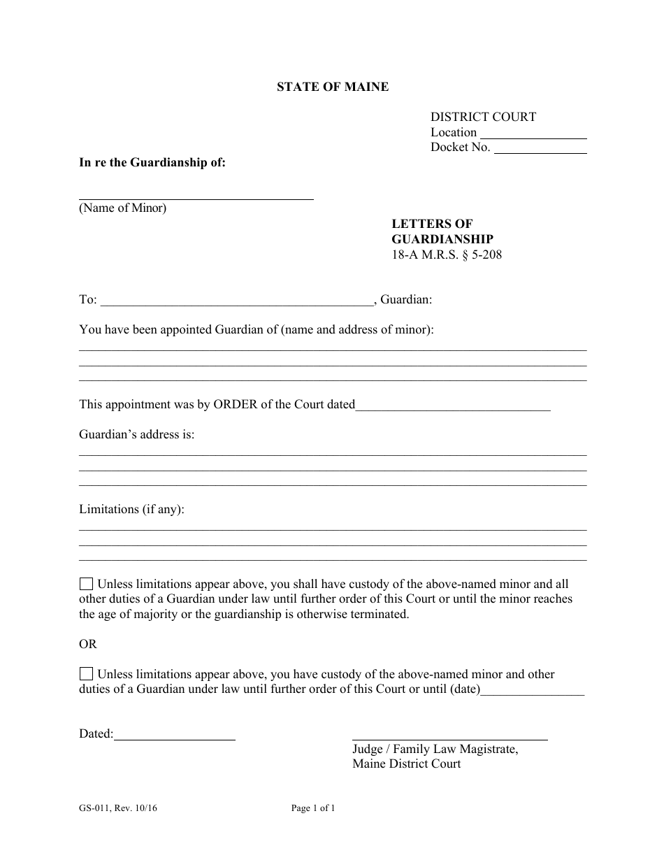 Form GS-011 Letters of Guardianship - Maine, Page 1