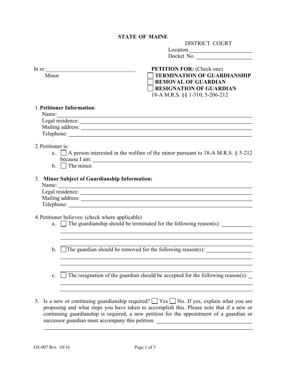 Form GS-007 Petition for Termination of Guardianship / Removal of Guardian / Resignation of Guardian - Maine, Page 1