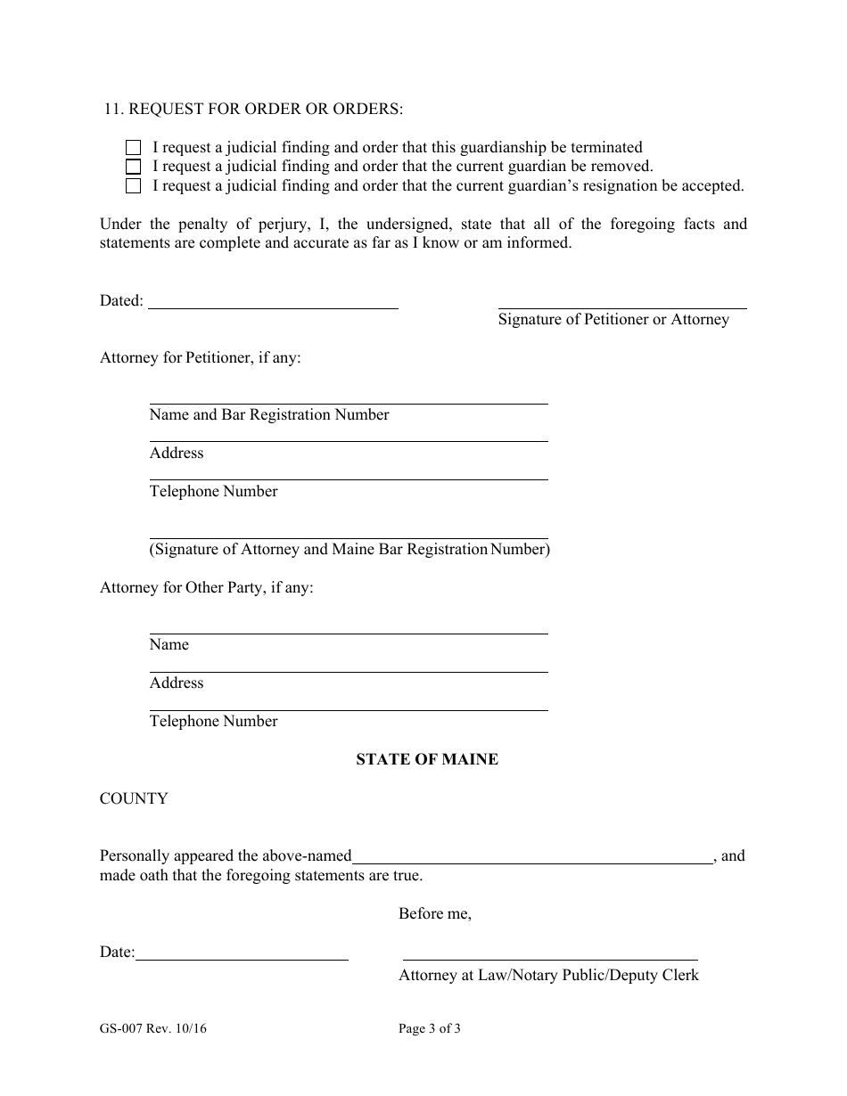 Form GS-007 Petition for Termination of Guardianship / Removal of Guardian / Resignation of Guardian - Maine, Page 3