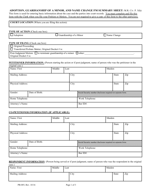 Form PB-005 Adoption, Guardianship of a Minor, and Name Change Fm Summary Sheet - Maine