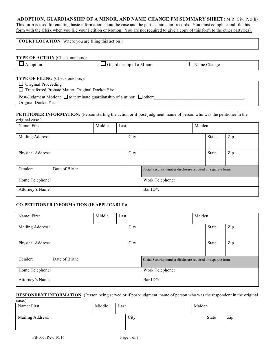 Form PB-005 Adoption, Guardianship of a Minor, and Name Change Fm Summary Sheet - Maine, Page 1