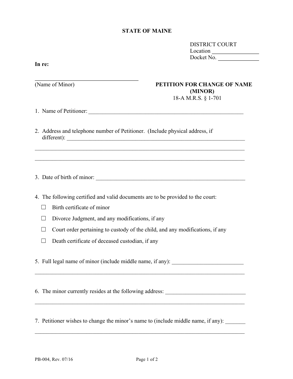 Form PB-004 Petition for Change of Name (Minor) - Maine, Page 1