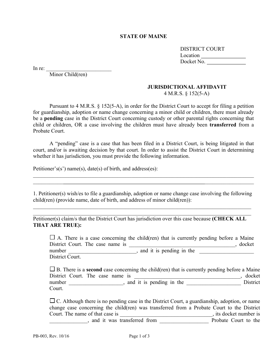 Form PB-003 Jurisdictional Affidavit - Maine, Page 1