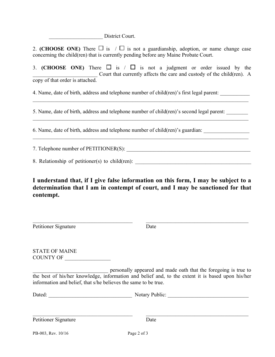 Form PB-003 Jurisdictional Affidavit - Maine, Page 2