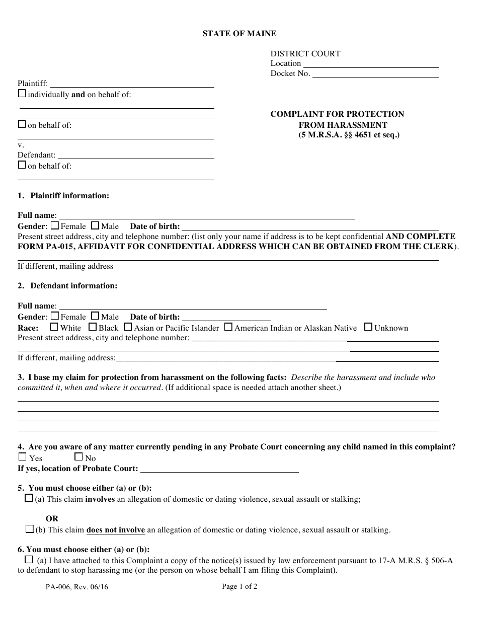 Form PA-006 Complaint for Protection From Harassment - Maine, Page 1