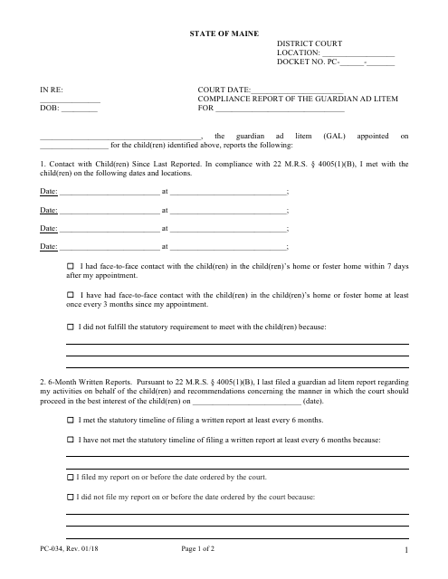 Form PC-034 Compliance Report of the Guardian Ad Litem - Maine