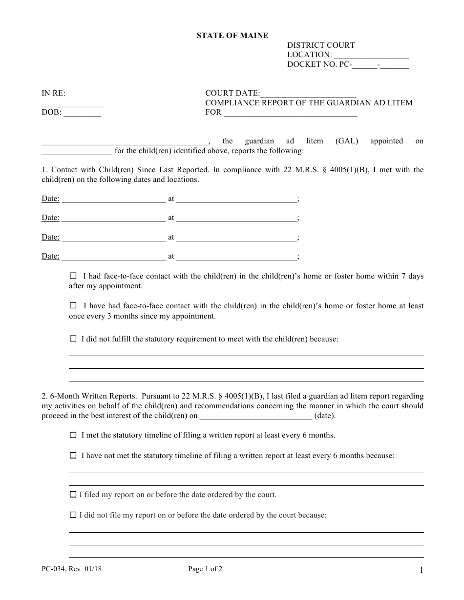 Form PC-034 Compliance Report of the Guardian Ad Litem - Maine, Page 1