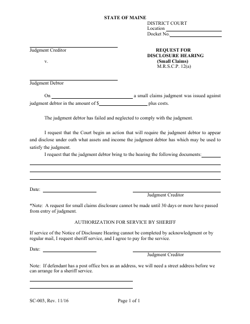 Form SC-003 Request for Disclosure Hearing (Small Claims) - Maine