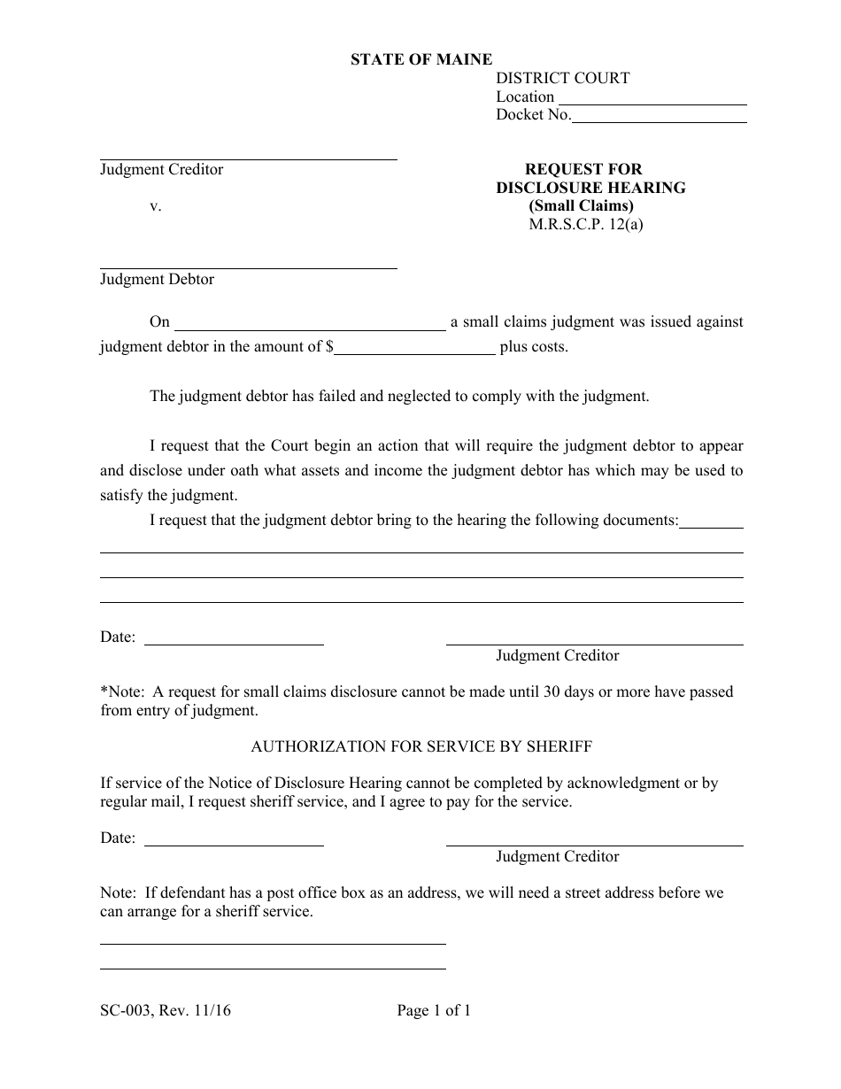 Form SC-003 Request for Disclosure Hearing (Small Claims) - Maine, Page 1