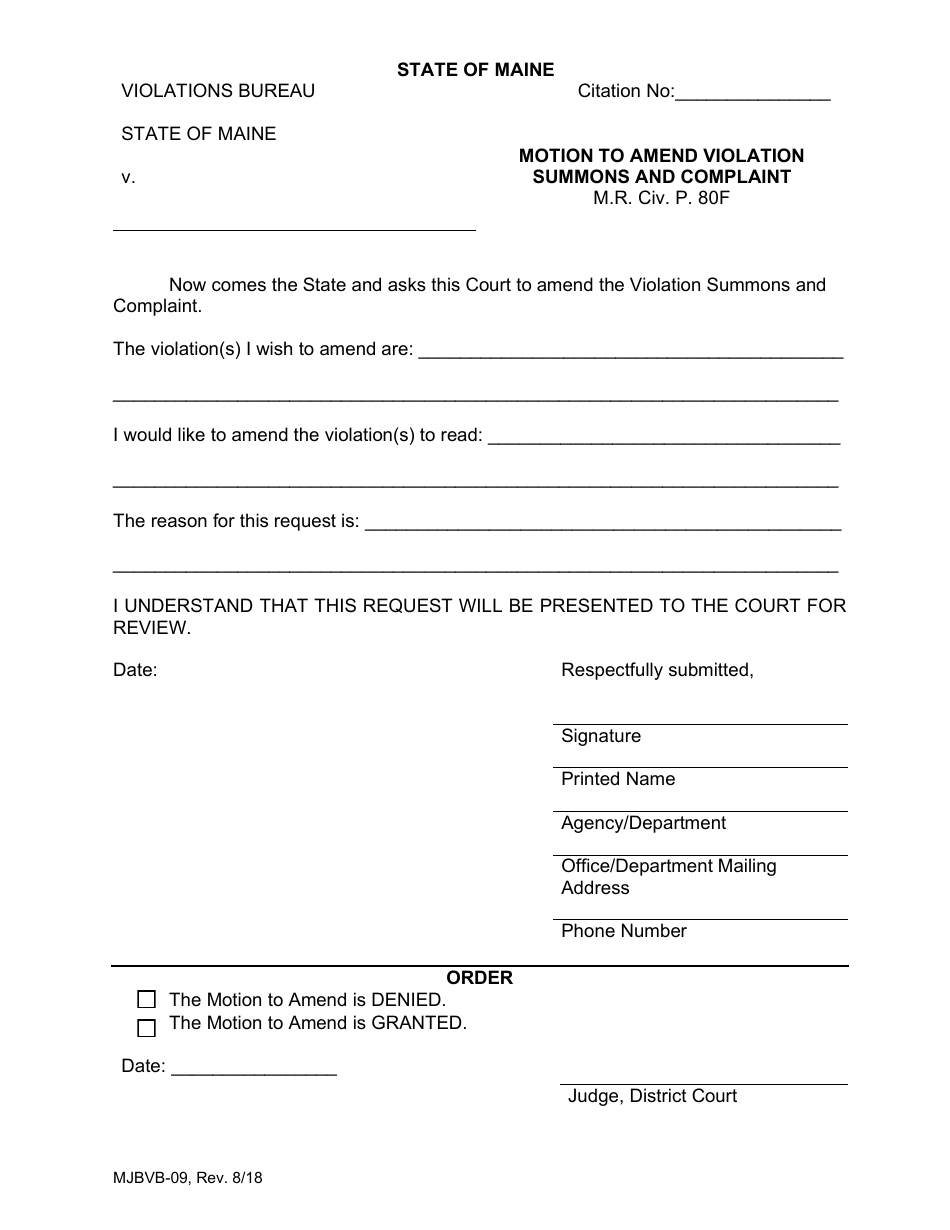 Form MJBVB-09 Motion to Amend Violation Summons and Compliant - Maine, Page 1