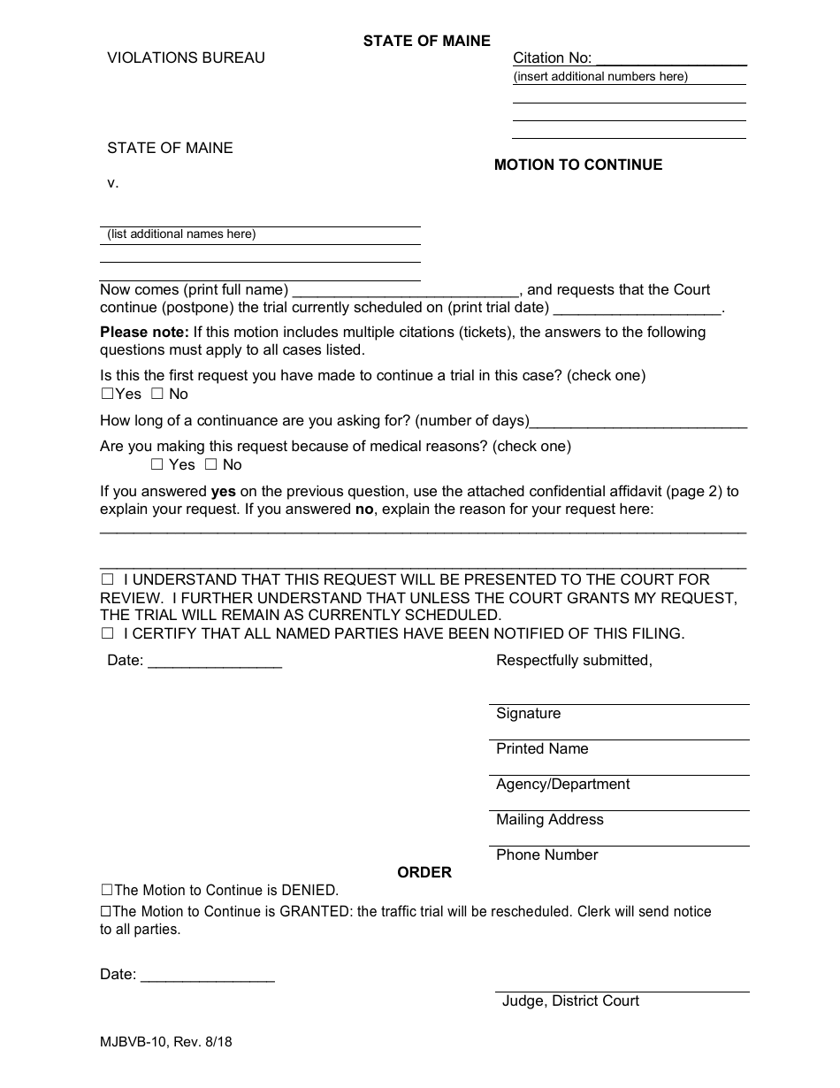 Form MJBVB-10 Motion to Continue - Maine, Page 1