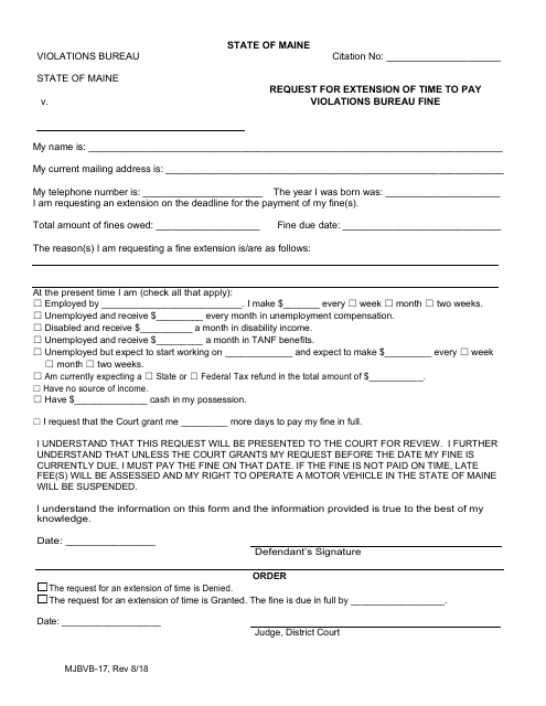 Form MJBVB-17 Request for Extension of Time to Pay Violations Bureau Fine - Maine