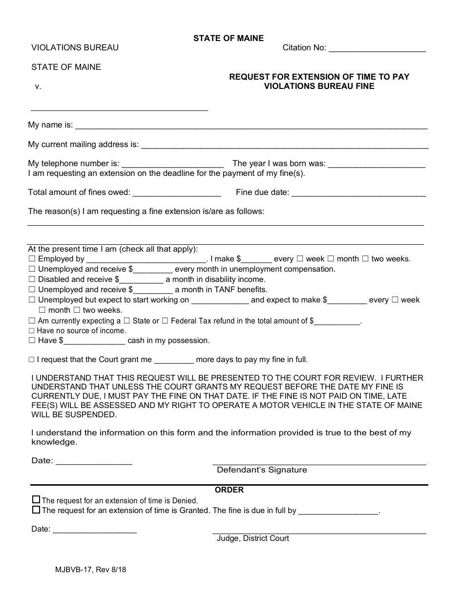 Form MJBVB-17 Request for Extension of Time to Pay Violations Bureau Fine - Maine, Page 1