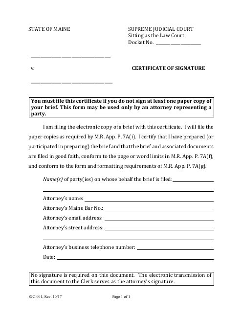 Form SJC-001 Certificate of Signature - Maine