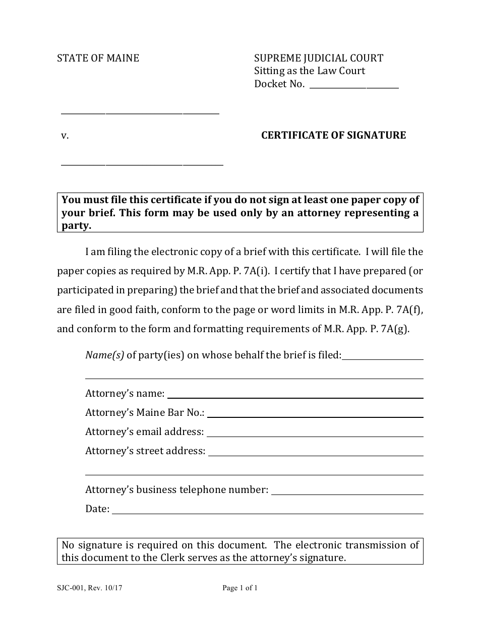 Form SJC-001 Certificate of Signature - Maine, Page 1