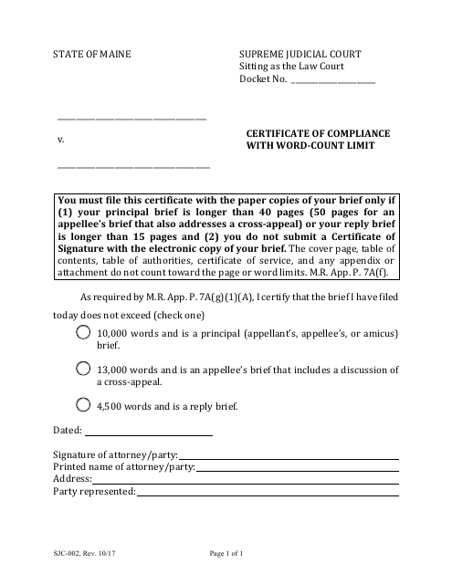 Form SJC-002 Certificate of Compliance With Word-Count Limit - Maine