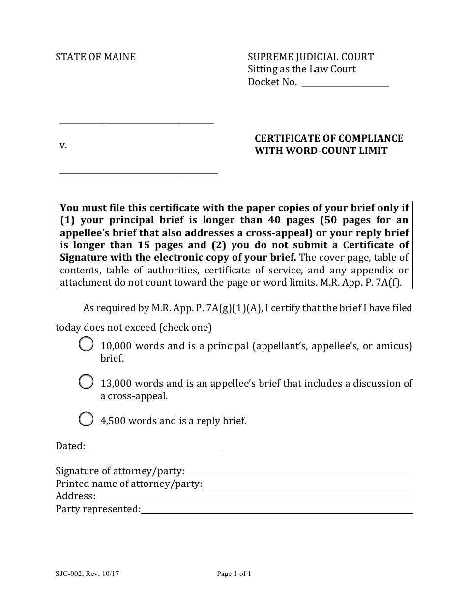Form SJC-002 Certificate of Compliance With Word-Count Limit - Maine, Page 1