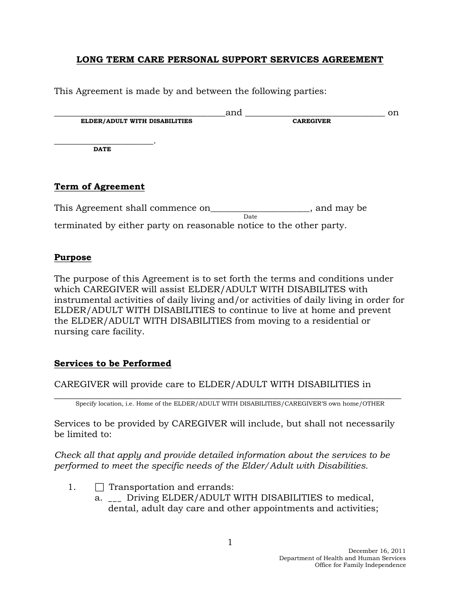 Long Term Care Personal Support Services Agreement Form - Maine, Page 1