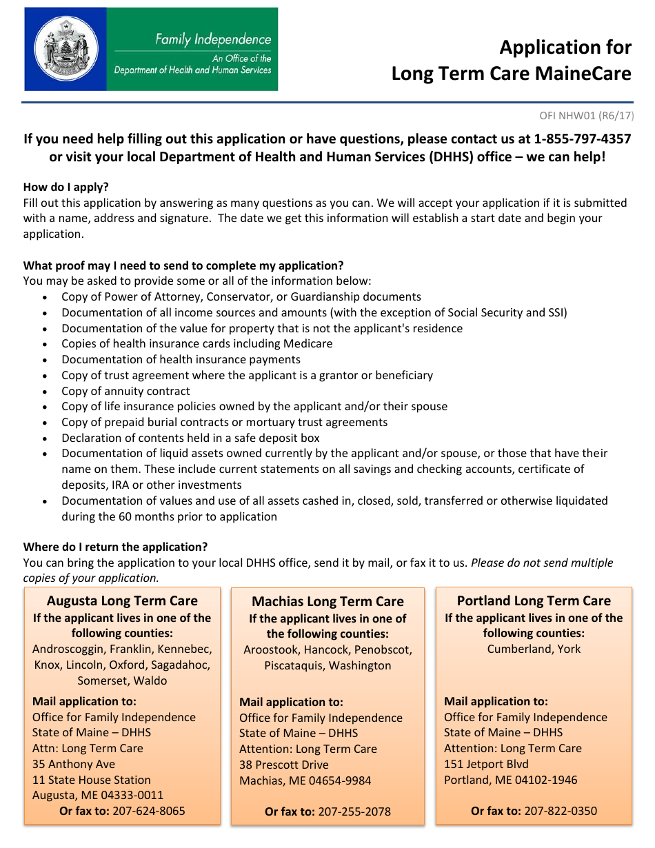 Form OFI NHW01 Application for Long Term Care Mainecare - Maine, Page 1