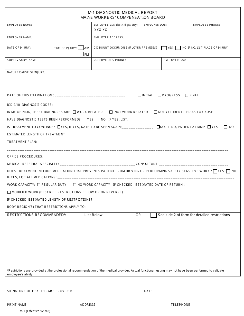 Form M-1 Diagnostic Medical Report - Maine, Page 1