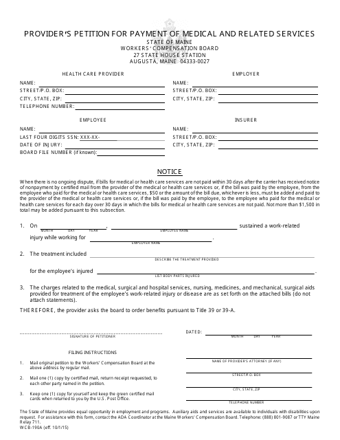 Form WCB-190A Provider's Petition for Payment of Medical and Related Services - Maine