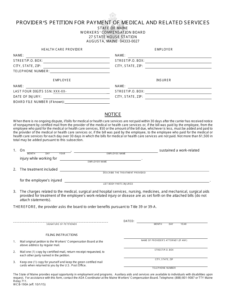 Form WCB-190A Providers Petition for Payment of Medical and Related Services - Maine, Page 1