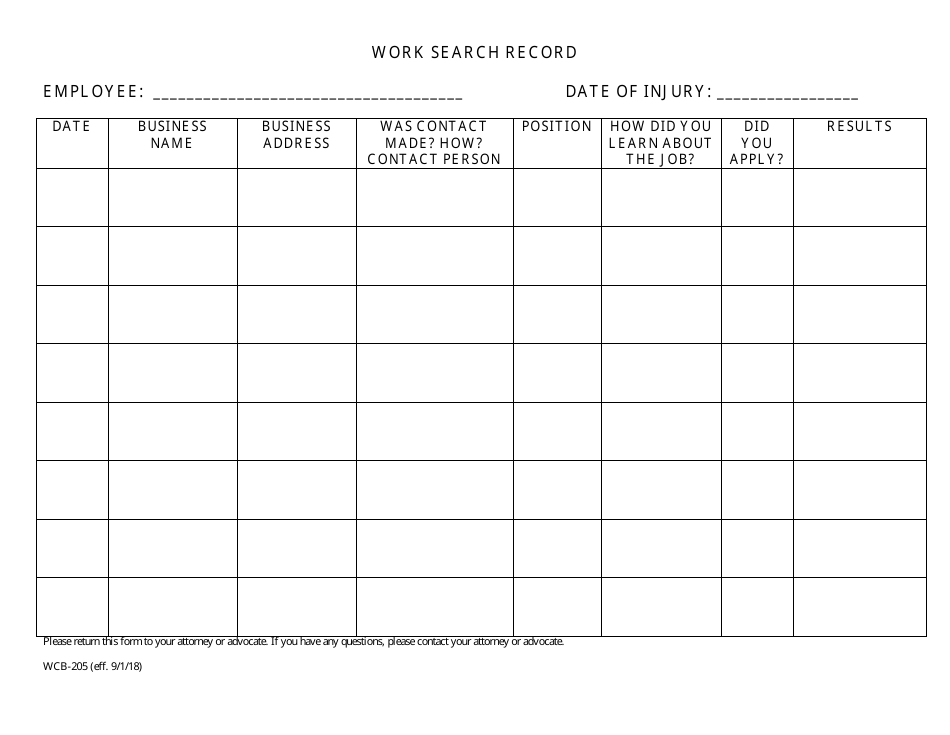 Form WCB-205 Work Search Record - Maine, Page 1