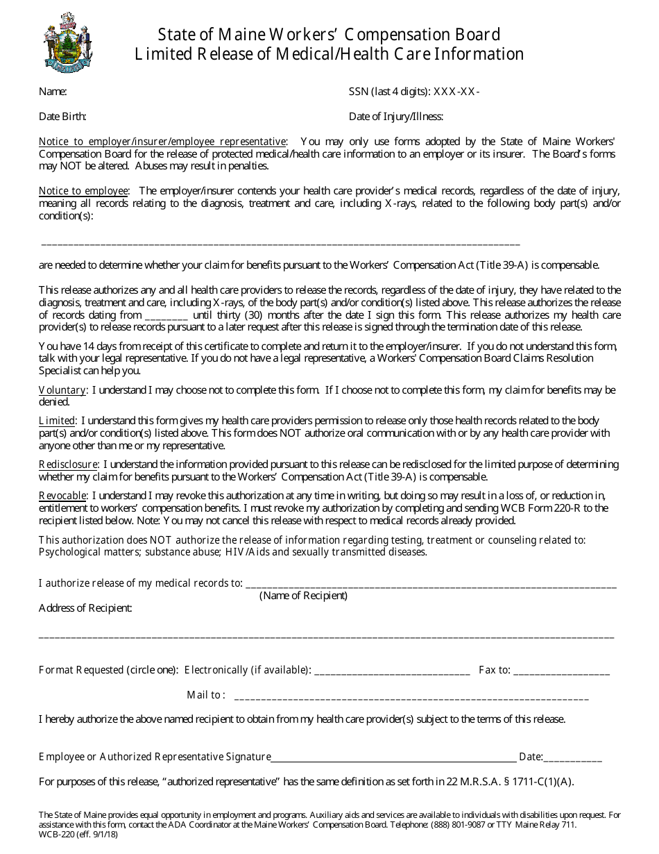 Form WCB-220 Limited Release of Medical / Health Care Information - Maine, Page 1