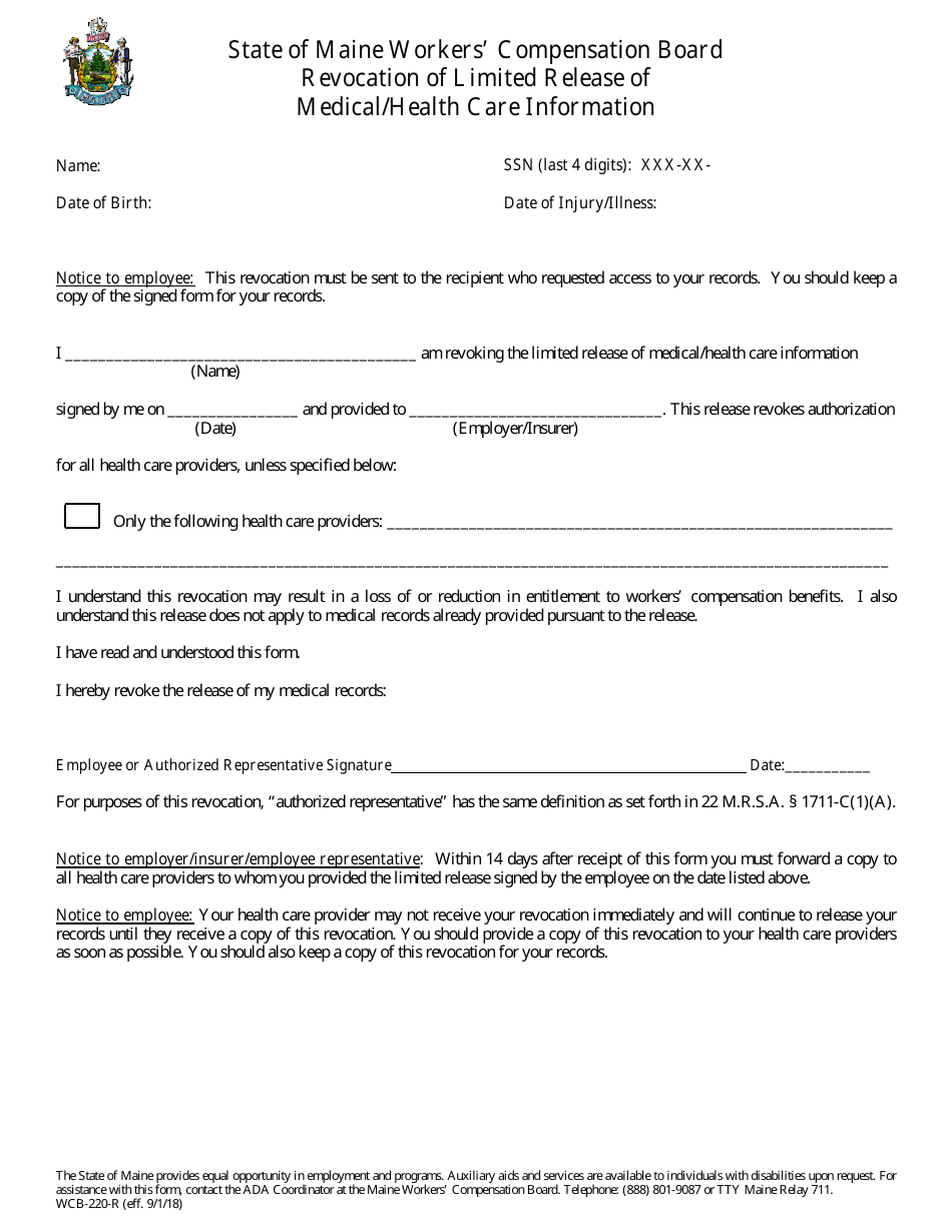 Form WCB-220-R Revocation of Limited Release of Medical / Health Care Information - Maine, Page 1