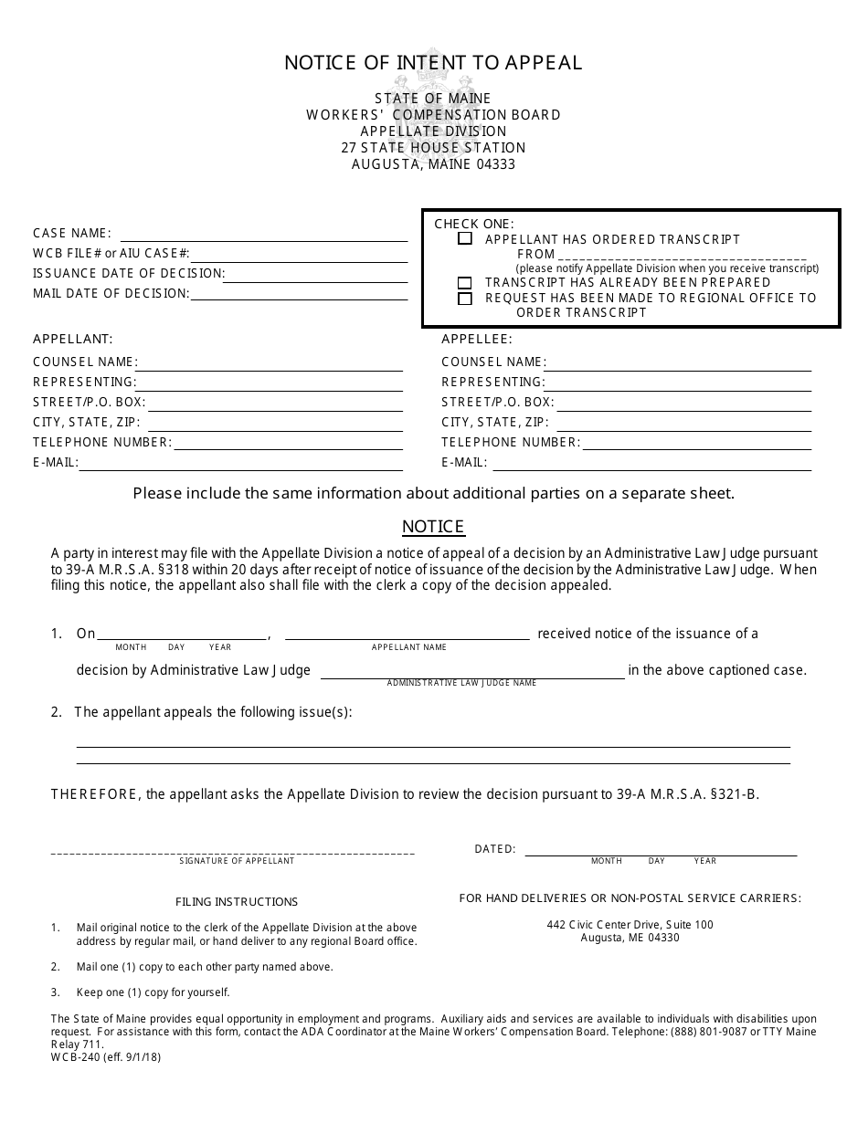 Form WCB-240 Notice of Intent to Appeal - Maine, Page 1