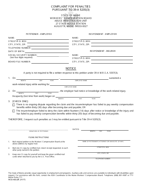 Form WCB-400 Complaint for Penalties Pursuant to 39-a 205(3) - Maine