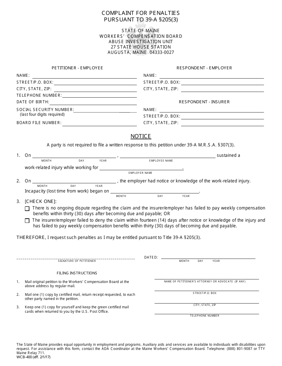 Form WCB-400 Complaint for Penalties Pursuant to 39-a 205(3) - Maine, Page 1