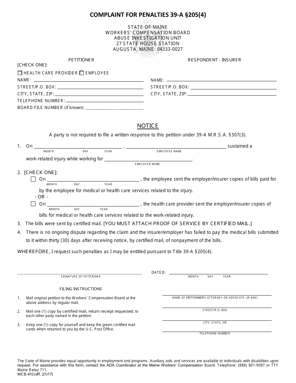 Form WCB-410 Complaint for Penalties Pursuant to 39-a 205(4) - Maine, Page 1