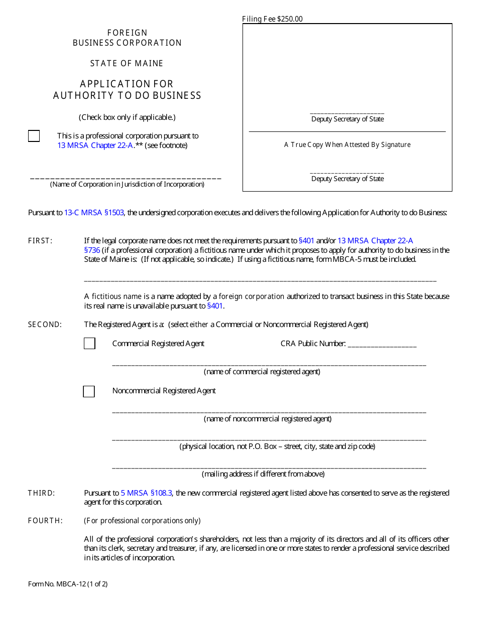 Form MBCA-12 Application for Authority to Do Business - Foreign Business Corporation - Maine, Page 1